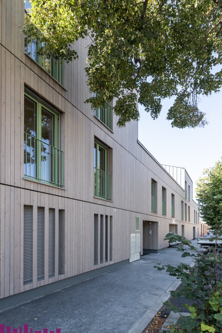 Straßenansicht mit Holzfassade