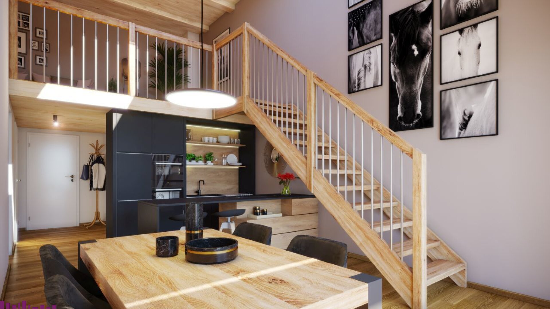 Wohnzimmer mit Holzboden und Treppe zur Gallerie