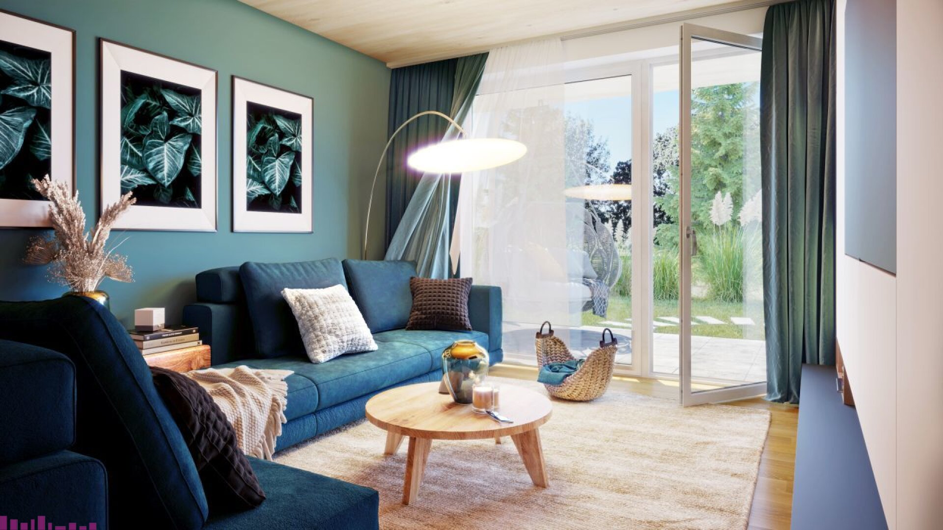 Wohnzimmer mit Holzfußboden